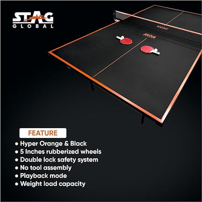 STAG (New Launch) Stag Global Flex Table Tennis Table Black Top | Thickness 16mm With Net Set, Table Cover, 2 Racquets And 6 Balls Features Quick Assembly And Play Back Mode