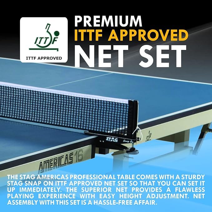 STAG GLOBAL Americas 16 Table Tennis Table 25mm Top (ITTF-Approved) Table with 2 TT Rackets, 6 Balls, 1 Table Cover & Clamp Net