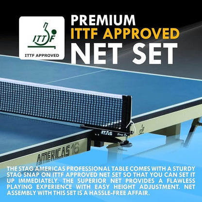 STAG GLOBAL Americas 16 Table Tennis Table 25mm Top (ITTF-Approved) Table with 2 TT Rackets, 6 Balls, 1 Table Cover & Clamp Net