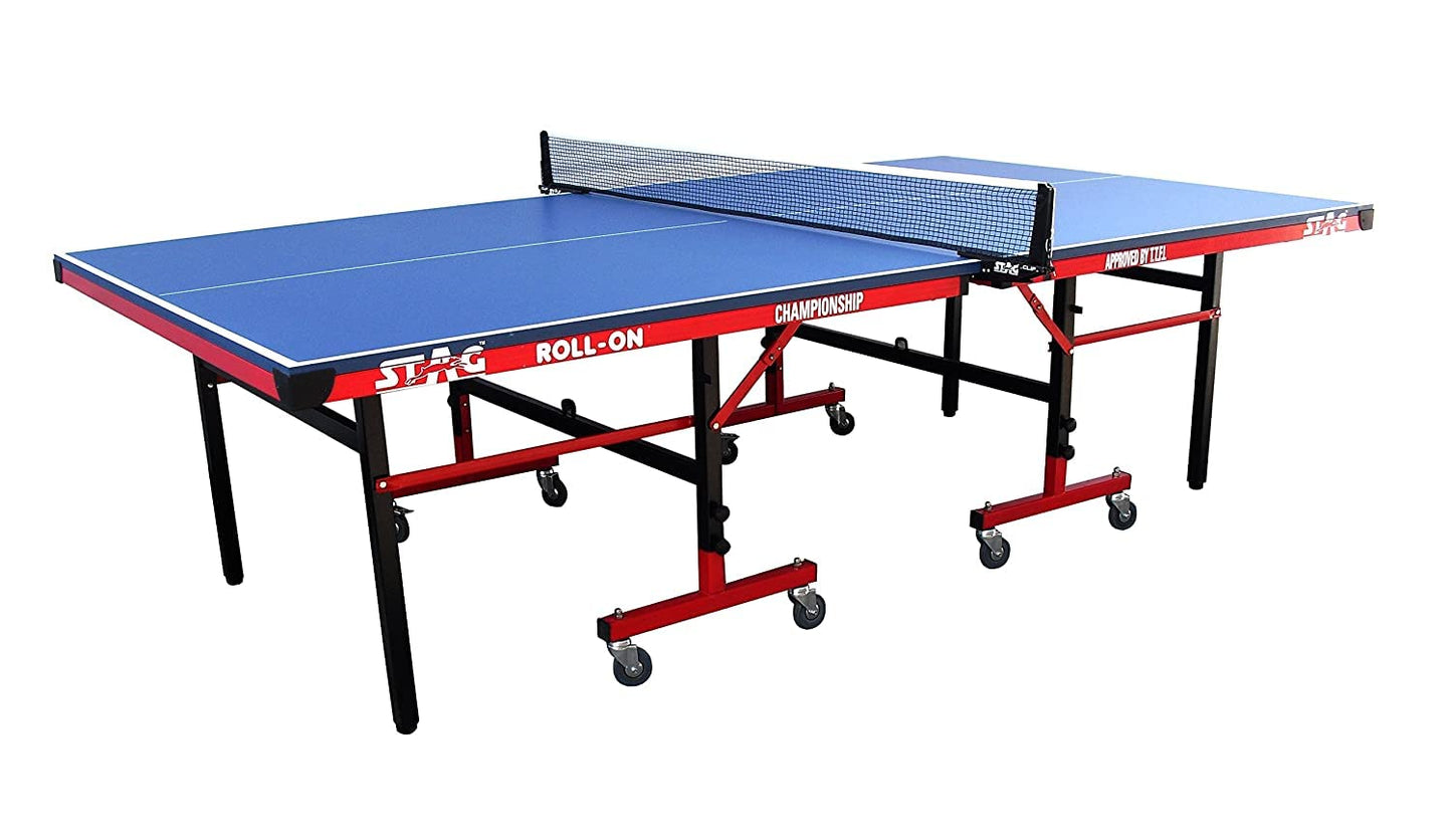 Stag Global Championship Roll-On Table Tennis Table Top Thickness 22 Mm with Net Set, Table Cover, 2 Racquets and 6 Balls Features Quick Assembly and Play Back Mode