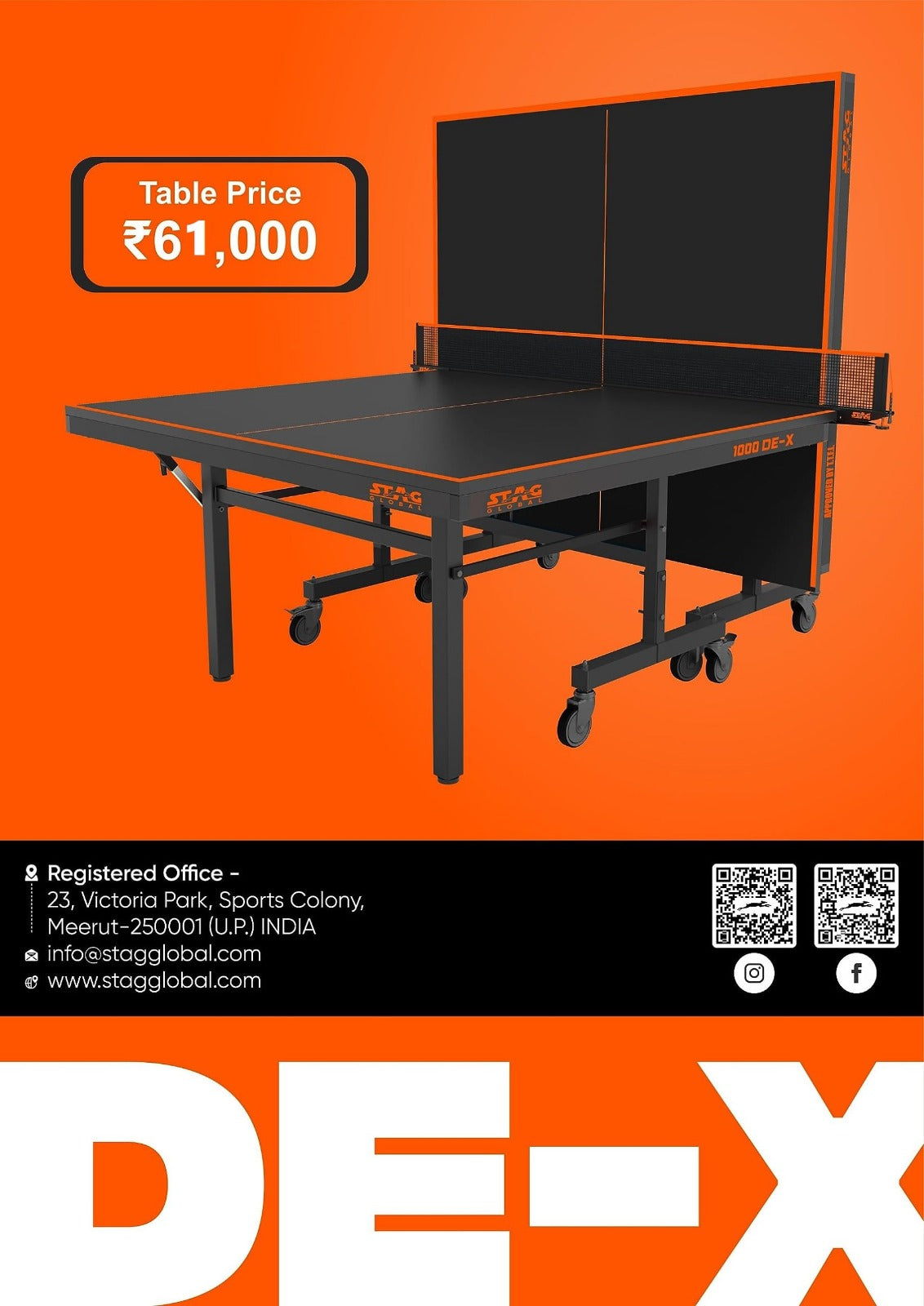 STAG GLOBAL 1000 DE-X Table Tennis Table |  Full Size Professional Table with  1 Table Cover |  2 TT Rackets |  6 Balls | 1 Clamp Net