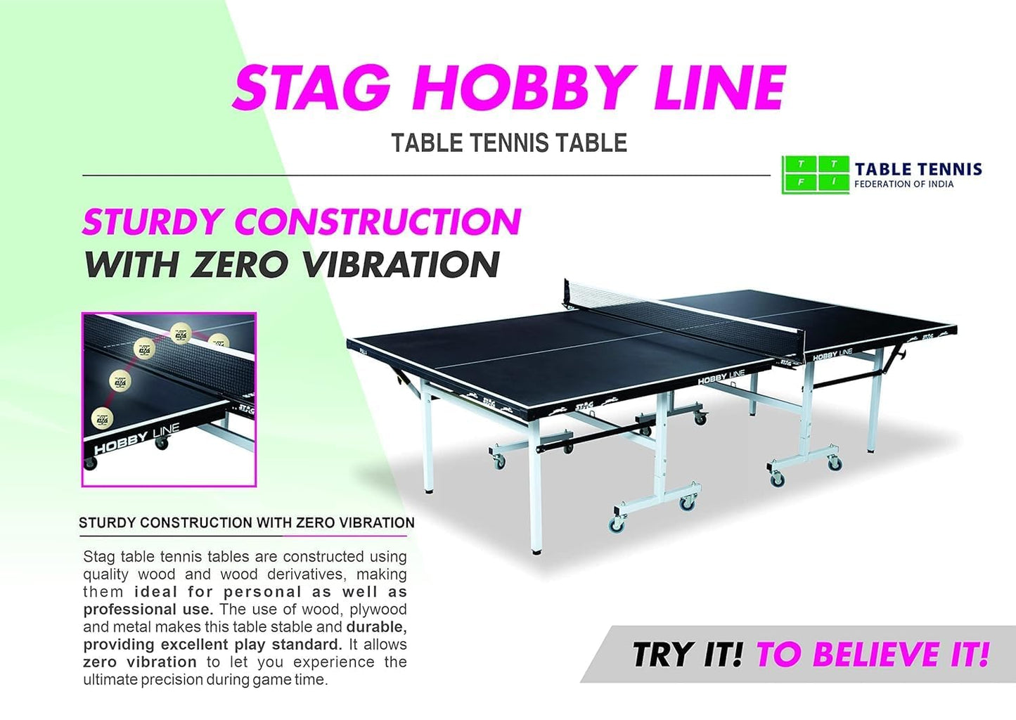 STAG GLOBAL Hobby Line 19mm Full-Size Table Tennis Table | with 2 TT Rackets | 6 Balls | 1 Table Cover | Clamp Net