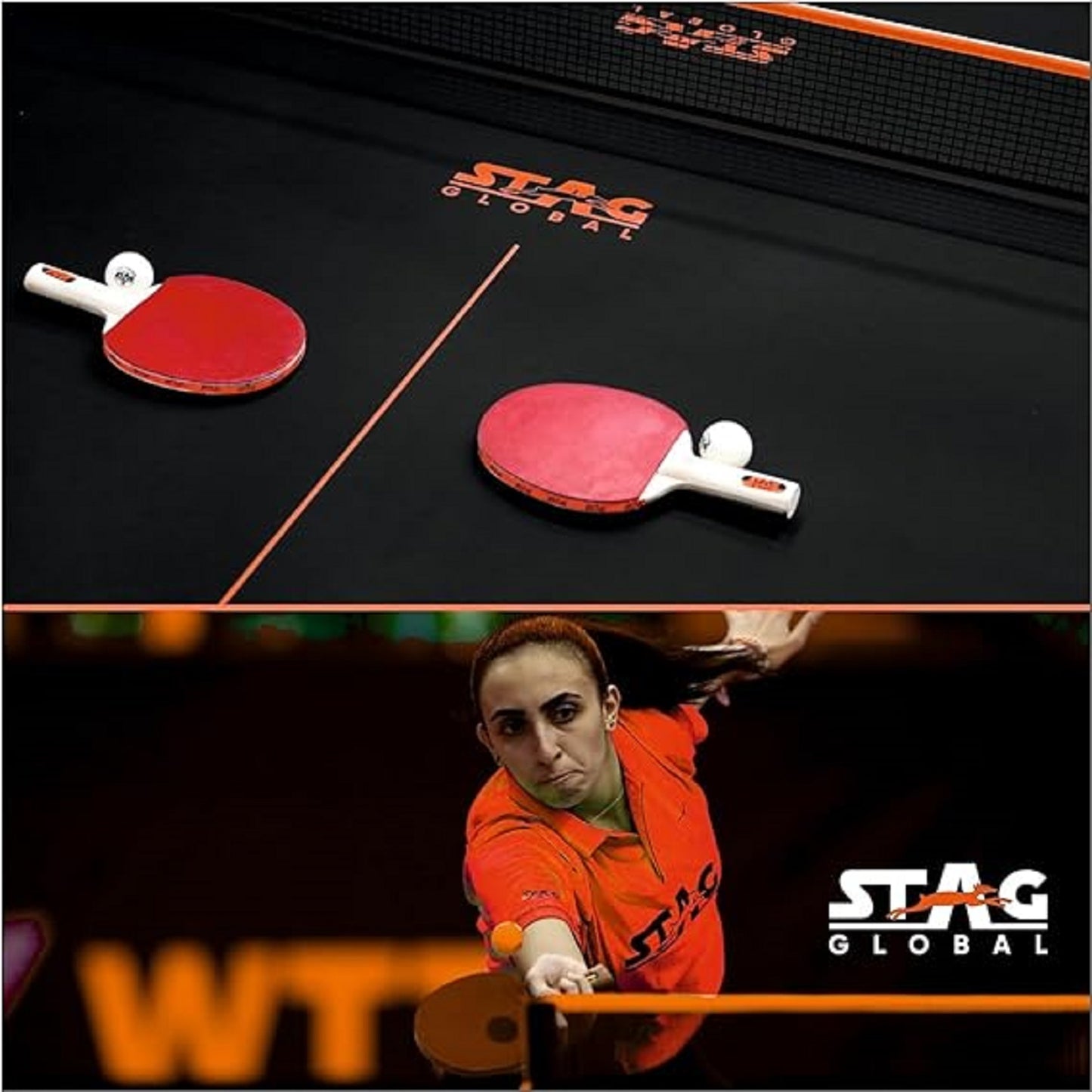 STAG GLOBAL Flex Table Tennis Table Black Top, Thickness 16mm with 2 TT Rackets, 6 Balls, 1 Table Cover & Clamp Net