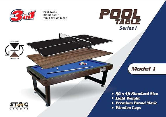 STAG GLOBAL 3 in 1 Pool Table with Table Tennis Table and Dinning Table | 4 feet x 8 feet | Wooden Table | All Accessories Included