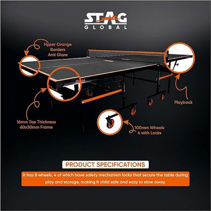 STAG GLOBAL Flex Table Tennis Table Black Top, Thickness 16mm with 2 TT Rackets, 6 Balls, 1 Table Cover & Clamp Net