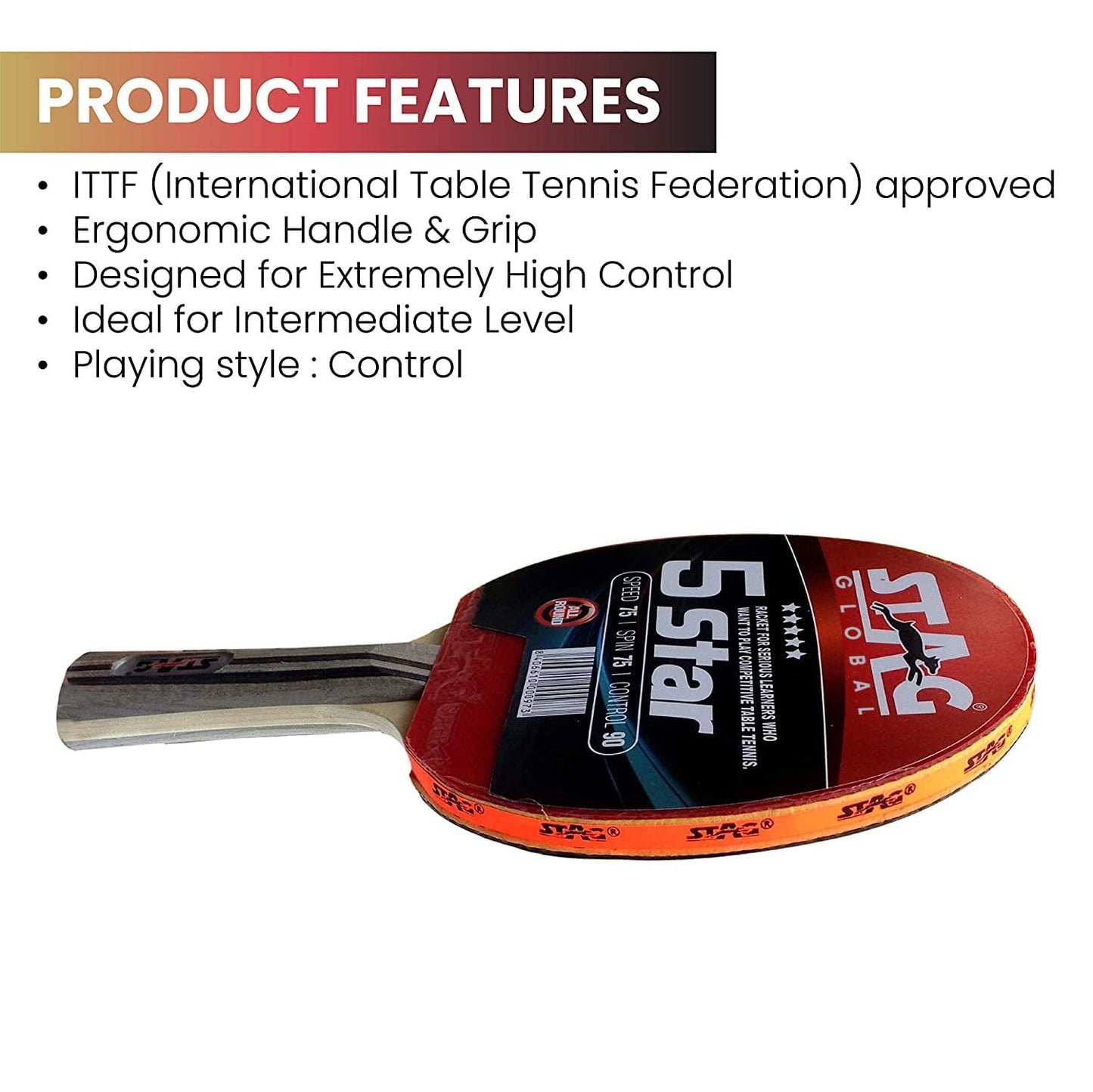 Stag 5 Star Table Tennis (T.T) Racket | Premium ITTF Approved Rubber| Beginner-Intermediate Series T.T Racquet|