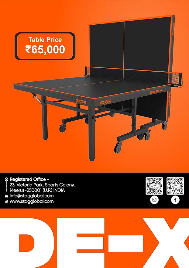 Stag Global 1000 DE-X Premium Table Tennis Table || Full Size Professional Table with 10 Minute Quick Easy Setup || Single Player Playback Mode (1 Table Cover,2 TT Rackets,3 Balls,1 Clamp Net)