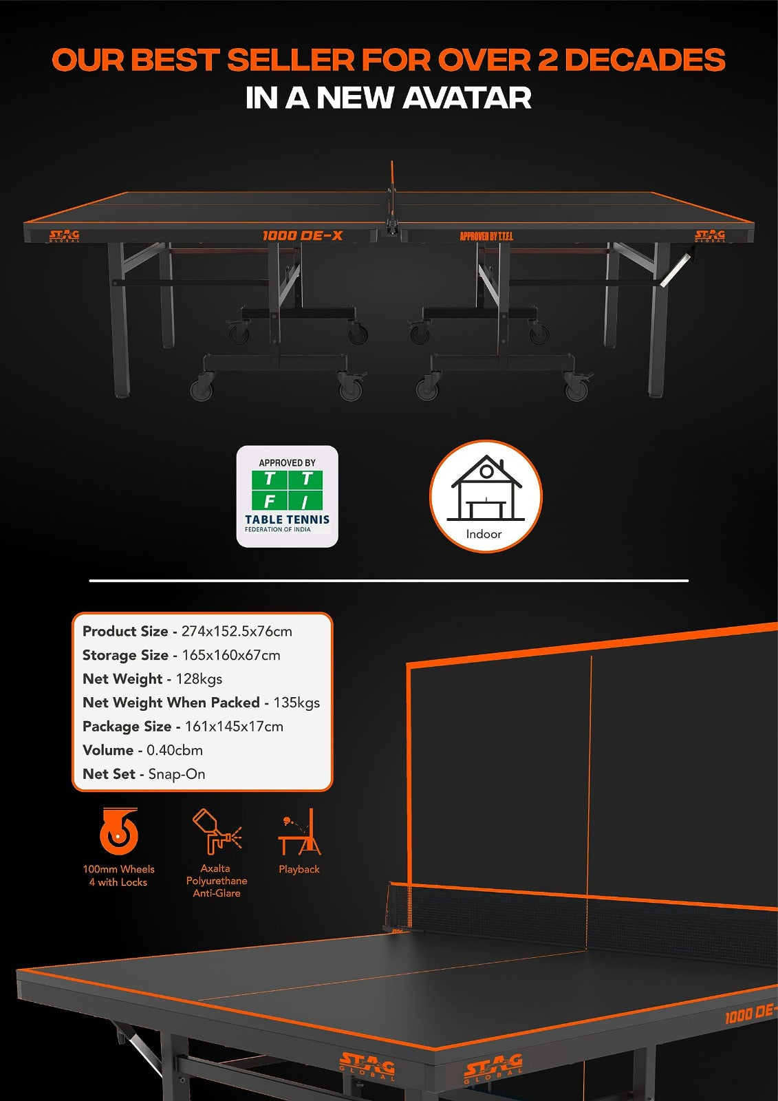STAG GLOBAL 1000 DE-X Table Tennis Table |  Full Size Professional Table with  1 Table Cover |  2 TT Rackets |  6 Balls | 1 Clamp Net