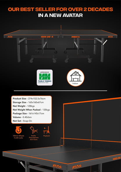 STAG GLOBAL 1000 DE-X Table Tennis Table |  Full Size Professional Table with  1 Table Cover |  2 TT Rackets |  6 Balls | 1 Clamp Net