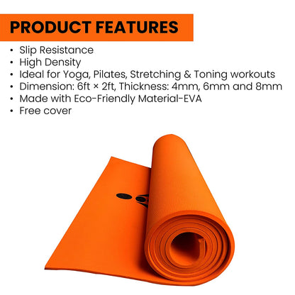 Stag Yoga Mantra Plain Orange Mat With Strap, 6MM Thickness