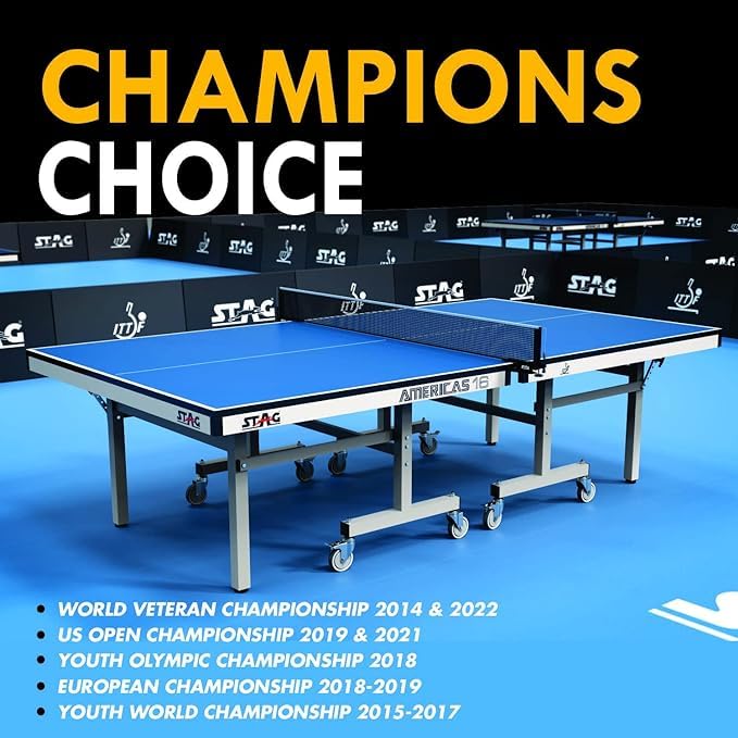 STAG GLOBAL Americas 16 Table Tennis Table 25mm Top (ITTF-Approved) Table with 2 TT Rackets, 6 Balls, 1 Table Cover & Clamp Net