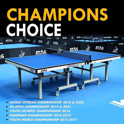STAG GLOBAL Americas 16 Table Tennis Table 25mm Top (ITTF-Approved) Table with 2 TT Rackets, 6 Balls, 1 Table Cover & Clamp Net