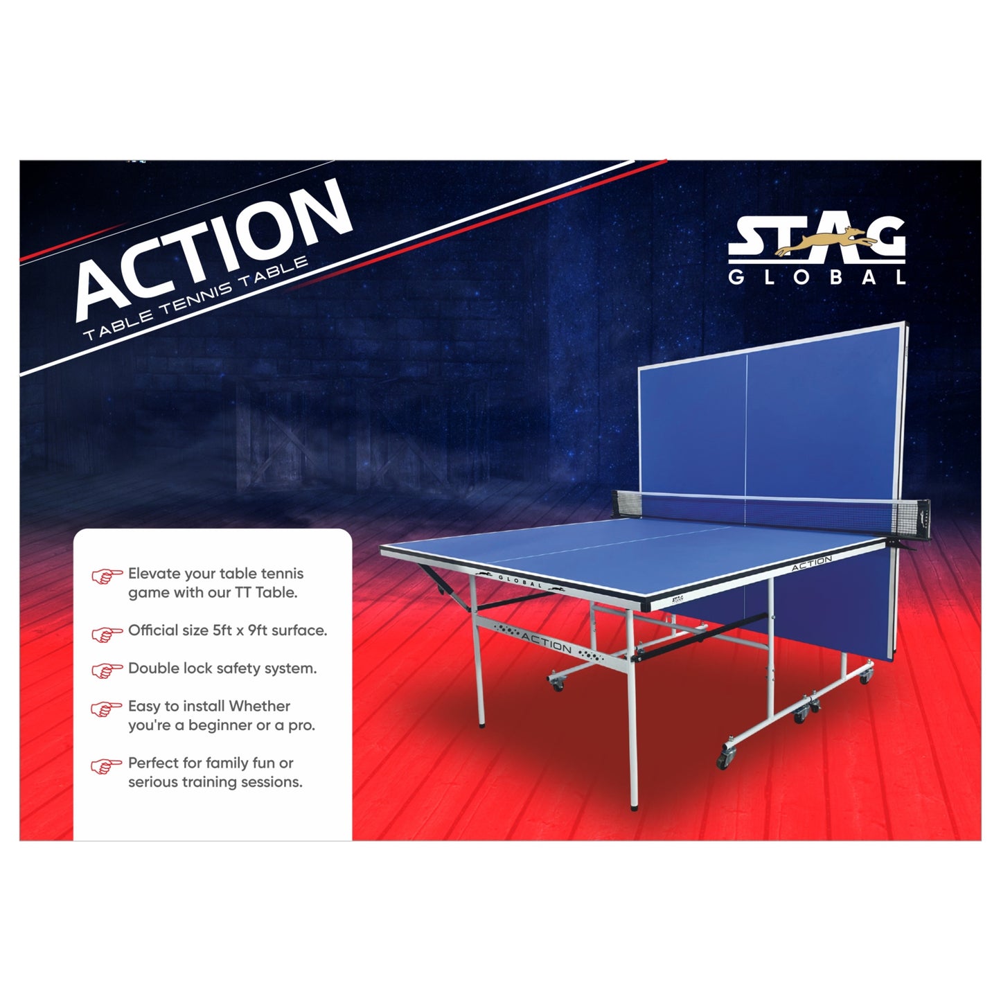 STAG (New Launch) Stag Global Action Table Tennis Table Blue Top | Thickness 16mm With Net Set, Table Cover, 2 Racquets And 6 Balls Features Quick Assembly And Play Back Mode