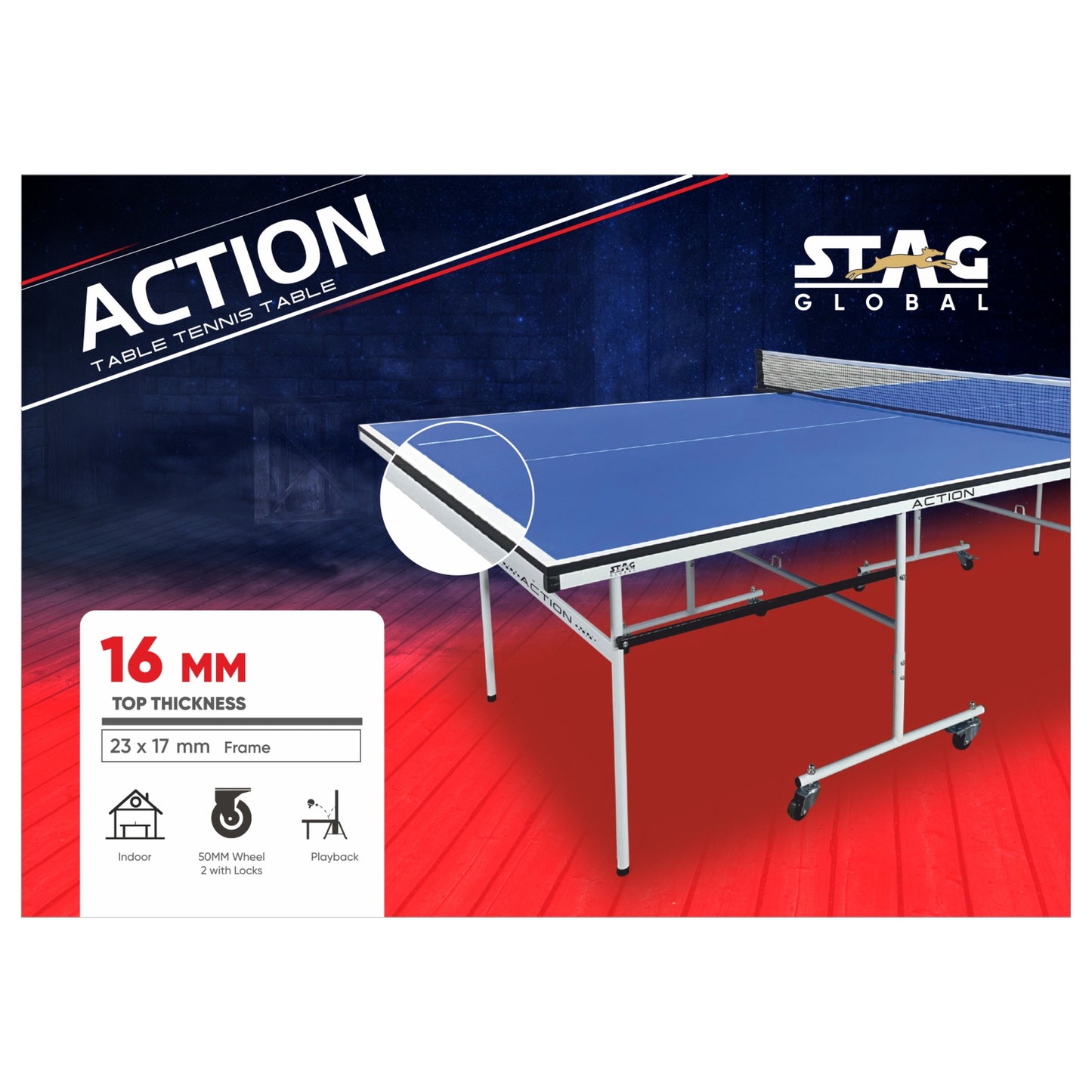 STAG (New Launch) Stag Global Action Table Tennis Table Blue Top | Thickness 16mm With Net Set, Table Cover, 2 Racquets And 6 Balls Features Quick Assembly And Play Back Mode