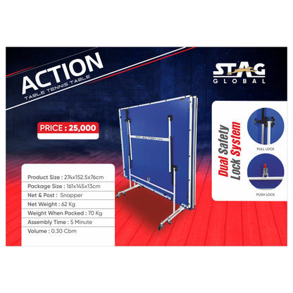 STAG (New Launch) Stag Global Action Table Tennis Table Blue Top | Thickness 16mm With Net Set, Table Cover, 2 Racquets And 6 Balls Features Quick Assembly And Play Back Mode