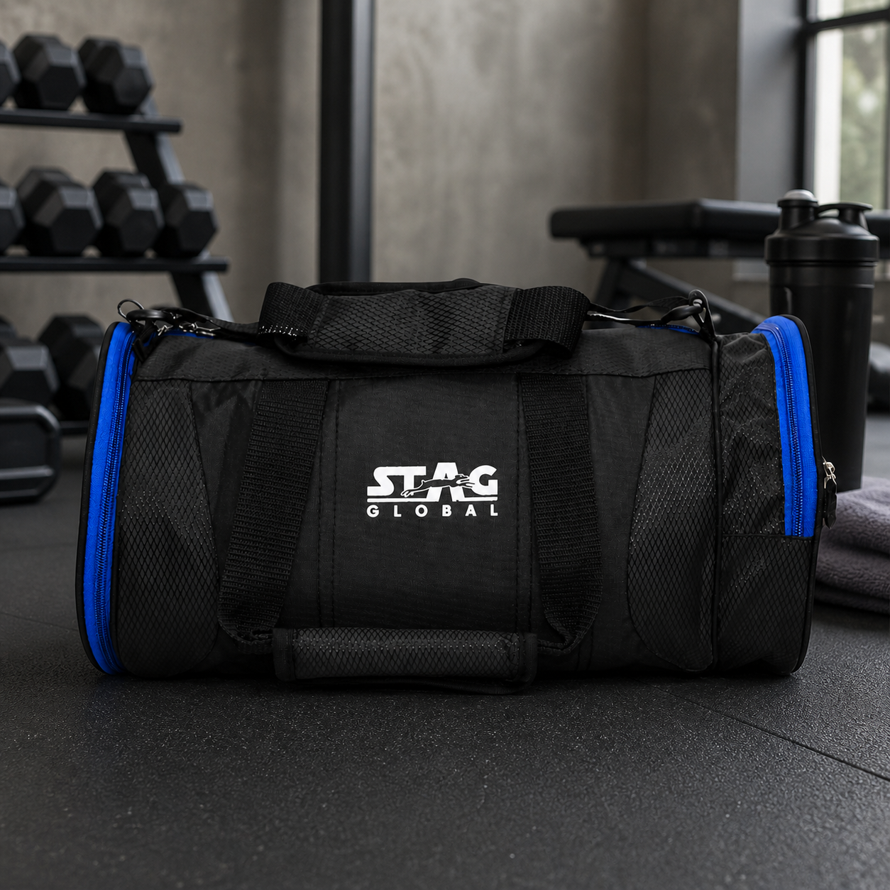 STAG GLOBAL Duffle Bag,  Durable Travel Companion, Comfortable shoulder strap, Black & Blue