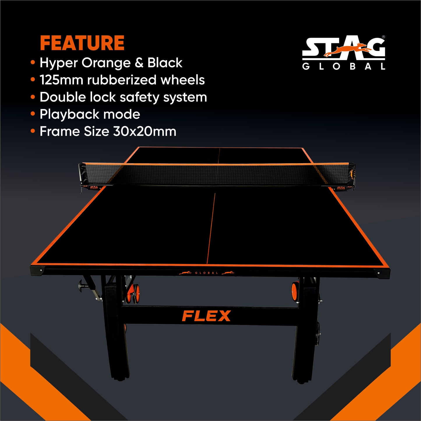 STAG (New Launch) Stag Global Flex Table Tennis Table Black Top | Thickness 19mm With Net Set, Table Cover, 2 Racquets And 6 Balls Features Quick Assembly And Play Back Mode