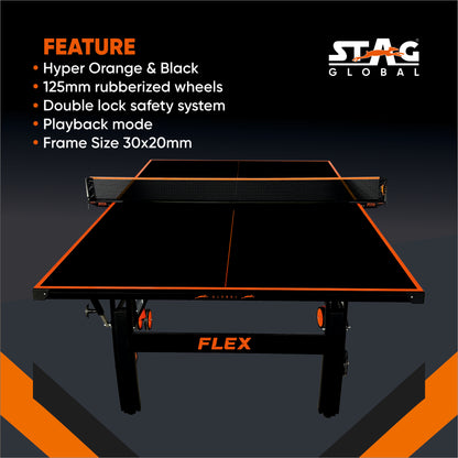 STAG (New Launch) Stag Global Flex Table Tennis Table Black Top | Thickness 19mm With Net Set, Table Cover, 2 Racquets And 6 Balls Features Quick Assembly And Play Back Mode