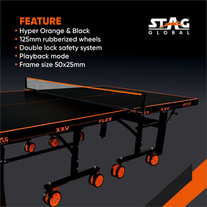 STAG (New Launch) Stag Global Flex Table Tennis Table Black Top | Thickness 25mm With Net Set, Table Cover, 2 Racquets And 6 Balls Features Quick Assembly And Play Back Mode