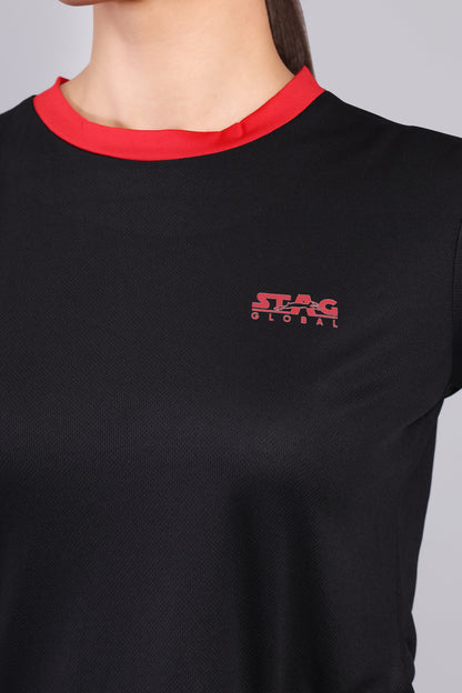 STAG GLOBAL Crest  Women's Sports T-Shirt  | Black/Pink |  100% Polyester | Lightweight & Quick Dry