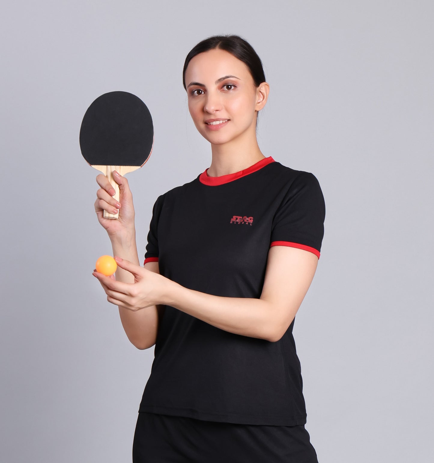 STAG GLOBAL Crest  Women's Sports T-Shirt  | Black/Pink |  100% Polyester | Lightweight & Quick Dry