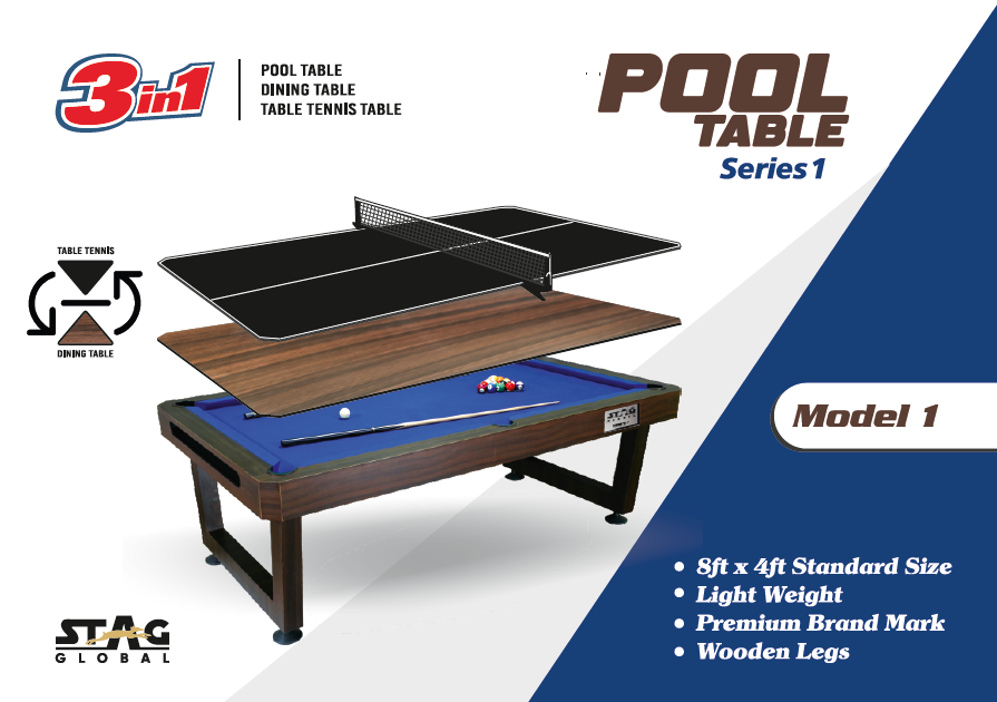 Stag Global 3 in 1 Multi-Functional Pool Table with Table Tennis Table and Dinning Table || 4 feet x 8 feet || Wooden Table || All Accessories Included