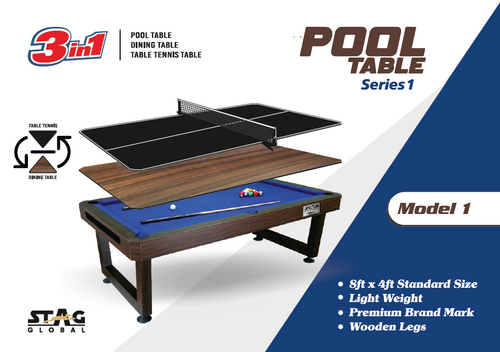 STAG GLOBAL 3 in 1 Pool Table with Table Tennis Table and Dinning Table | 4 feet x 8 feet | Wooden Table | All Accessories Included