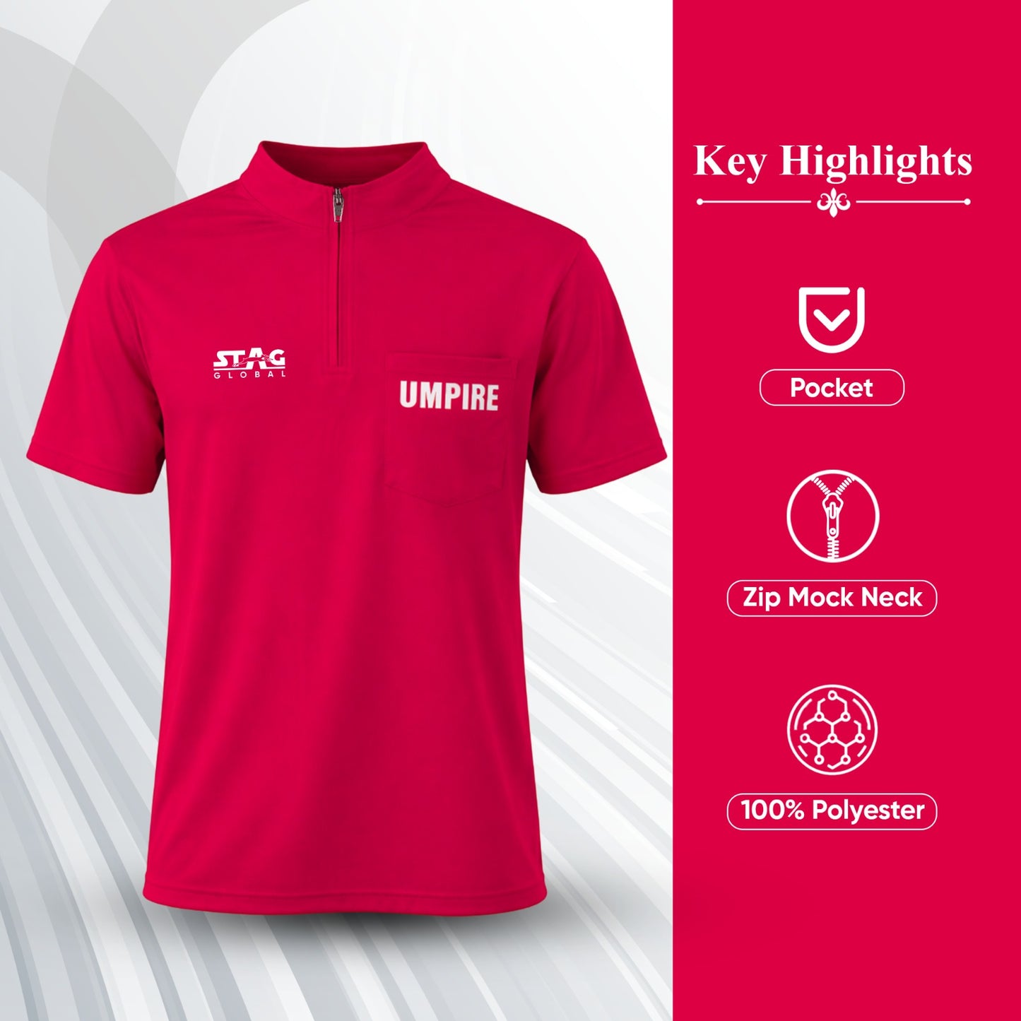 STAG GLOBAL Umpire T-Shirt | Zip Mock Neck | 100% Polyester | Breathable Polyester