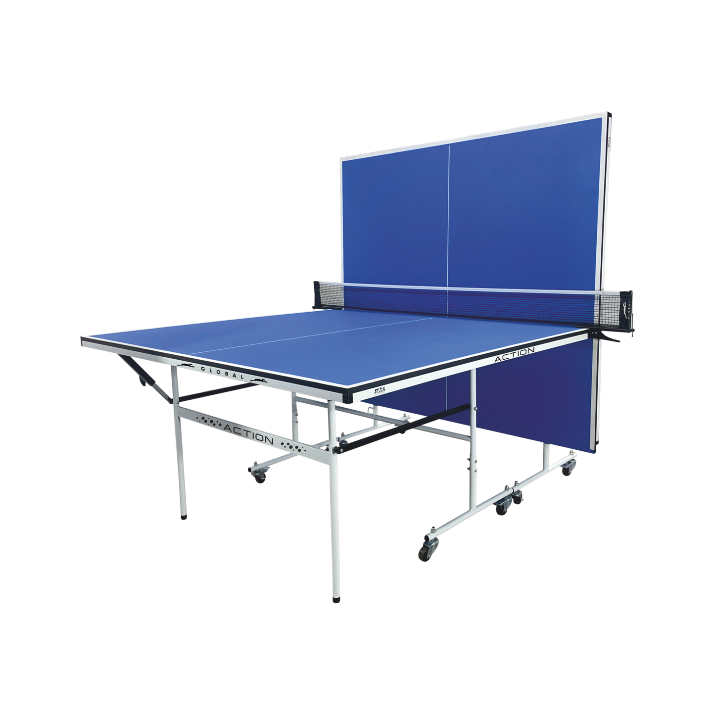 STAG (New Launch) Stag Global Action Table Tennis Table Blue Top | Thickness 16mm With Net Set, Table Cover, 2 Racquets And 6 Balls Features Quick Assembly And Play Back Mode