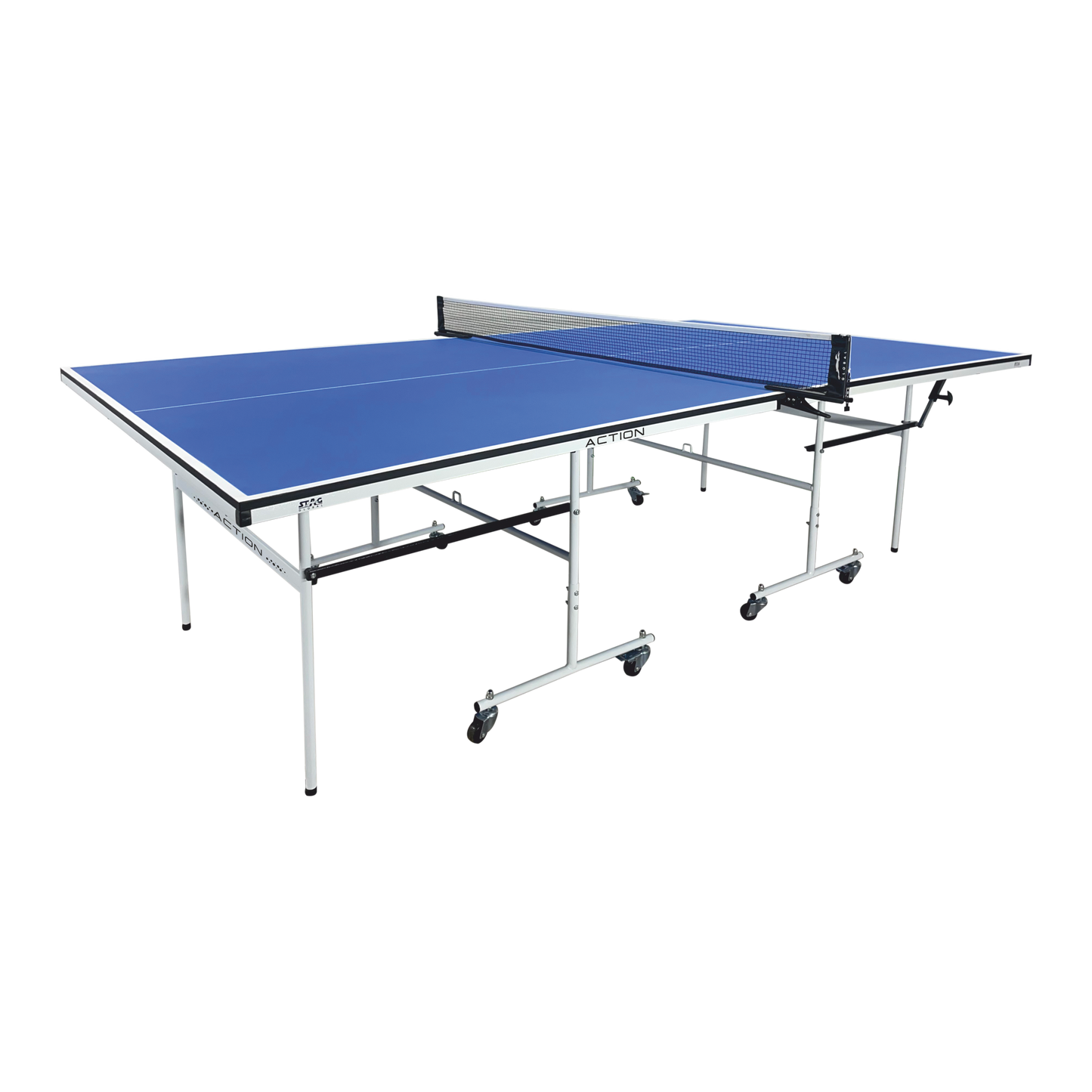 STAG (New Launch) Stag Global Action Table Tennis Table Blue Top | Thickness 16mm With Net Set, Table Cover, 2 Racquets And 6 Balls Features Quick Assembly And Play Back Mode