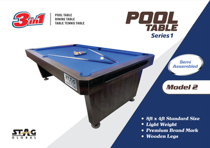 Stag Global 3 in 1 Multi-Functional Pool Table with Table Tennis Table and Dinning Table || 4 feet x 8 feet || Wooden Table || All Accessories Included