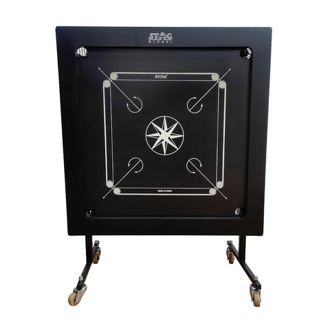 STAG GLOBAL Professional Black  Carrom Board on Wheels | 9 Neon Green & 9 Orange Coins Striker