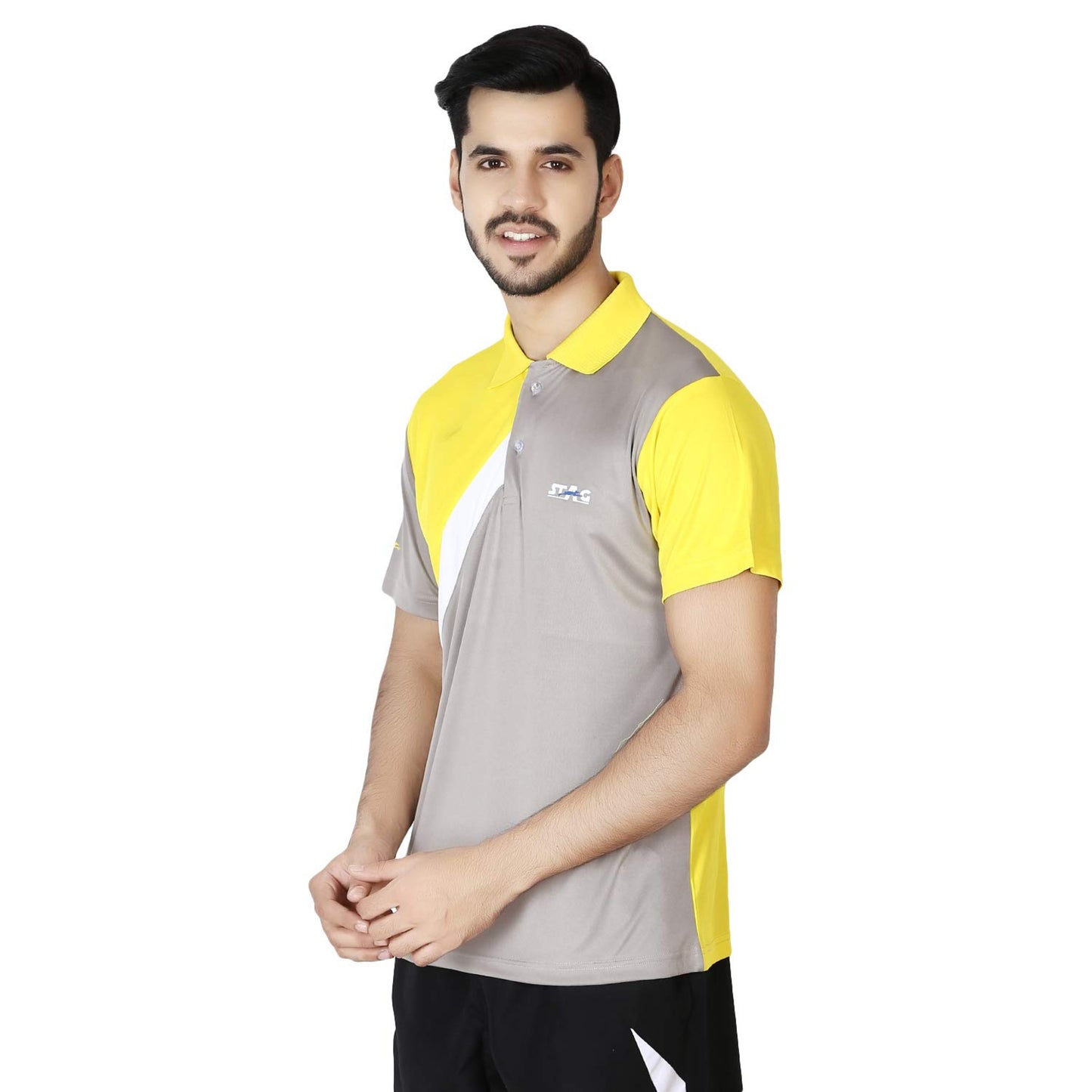 Stag Men's Solid Regular Fit T-Shirt (Model: Shell/ Grey Yellow)