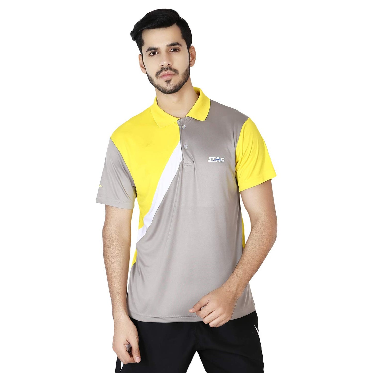 Stag Men's Solid Regular Fit T-Shirt (Model: Shell/ Grey Yellow)