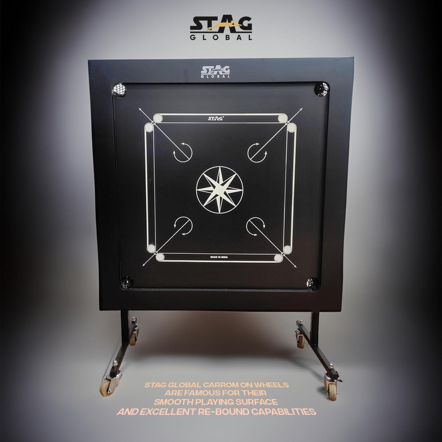 Stag Global Professional Black Carrom Board on Wheels |with 9 Neon Orange & 9 Neon Green Carrom Coins, and a Striker