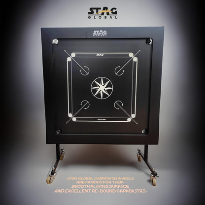 Stag Global Professional Black Carrom Board on Wheels |with 9 Neon Orange & 9 Neon Green Carrom Coins, and a Striker