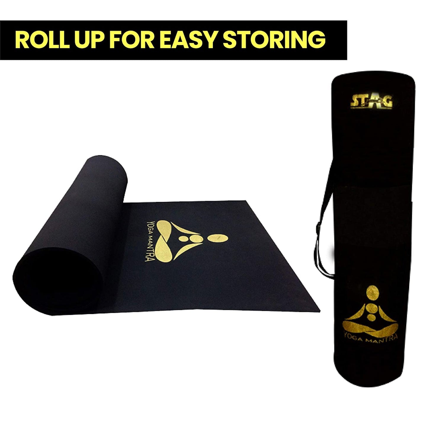 Stag Yoga Mantra Asana Black Mat With Strap, 4MM Thickness