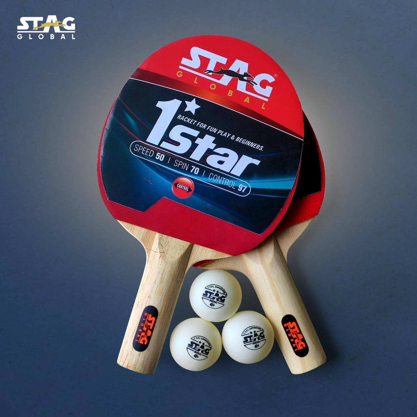 (2024 Model) Stag Global 1 Star Table Tennis Playset 2 Rackets & 3 Balls (Ball Colour - White)