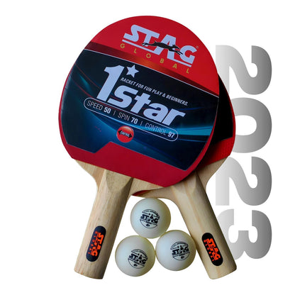 (2024 Model) Stag Global 1 Star Table Tennis Playset 2 Rackets & 3 Balls (Ball Colour - White)