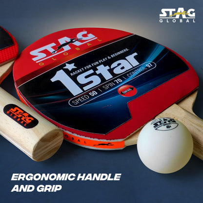 (2024 Model) Stag Global 1 Star Table Tennis Playset 2 Rackets & 3 Balls (Ball Colour - White)