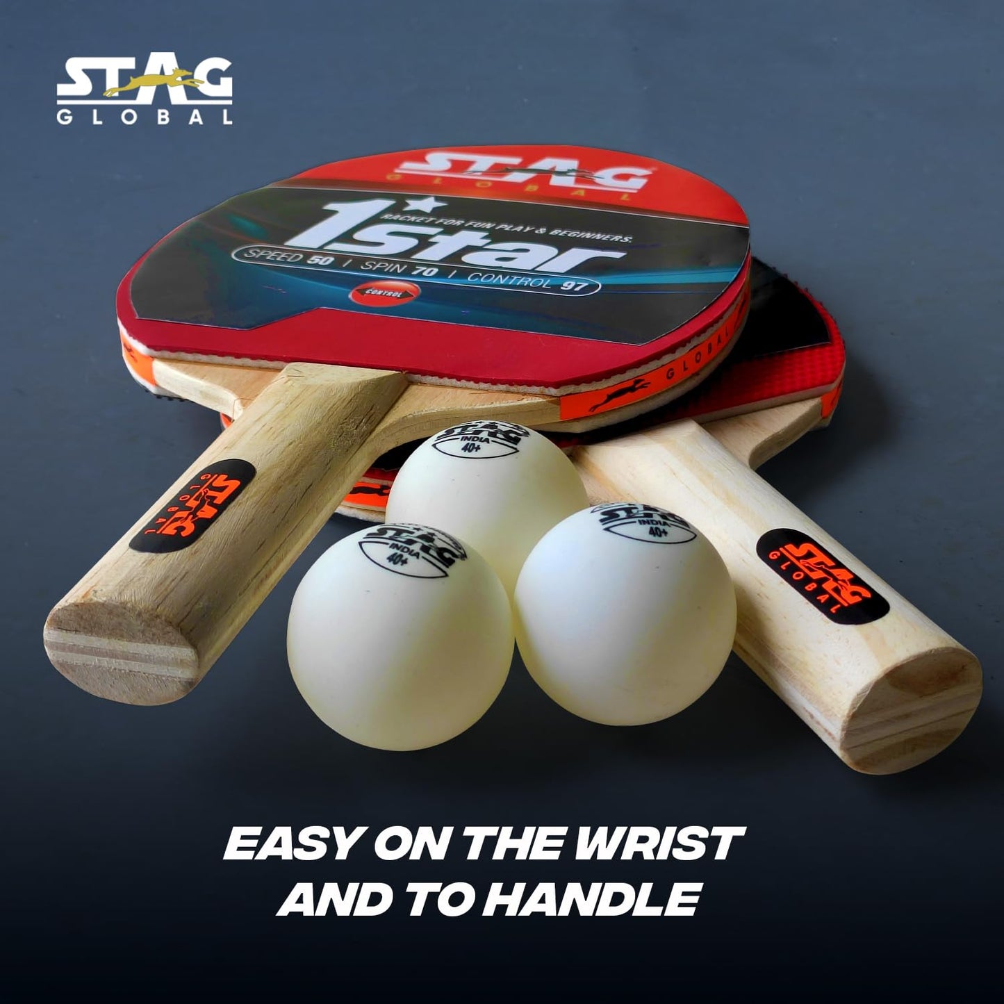 (2024 Model) Stag Global 1 Star Table Tennis Playset 2 Rackets & 3 Balls (Ball Colour - White)