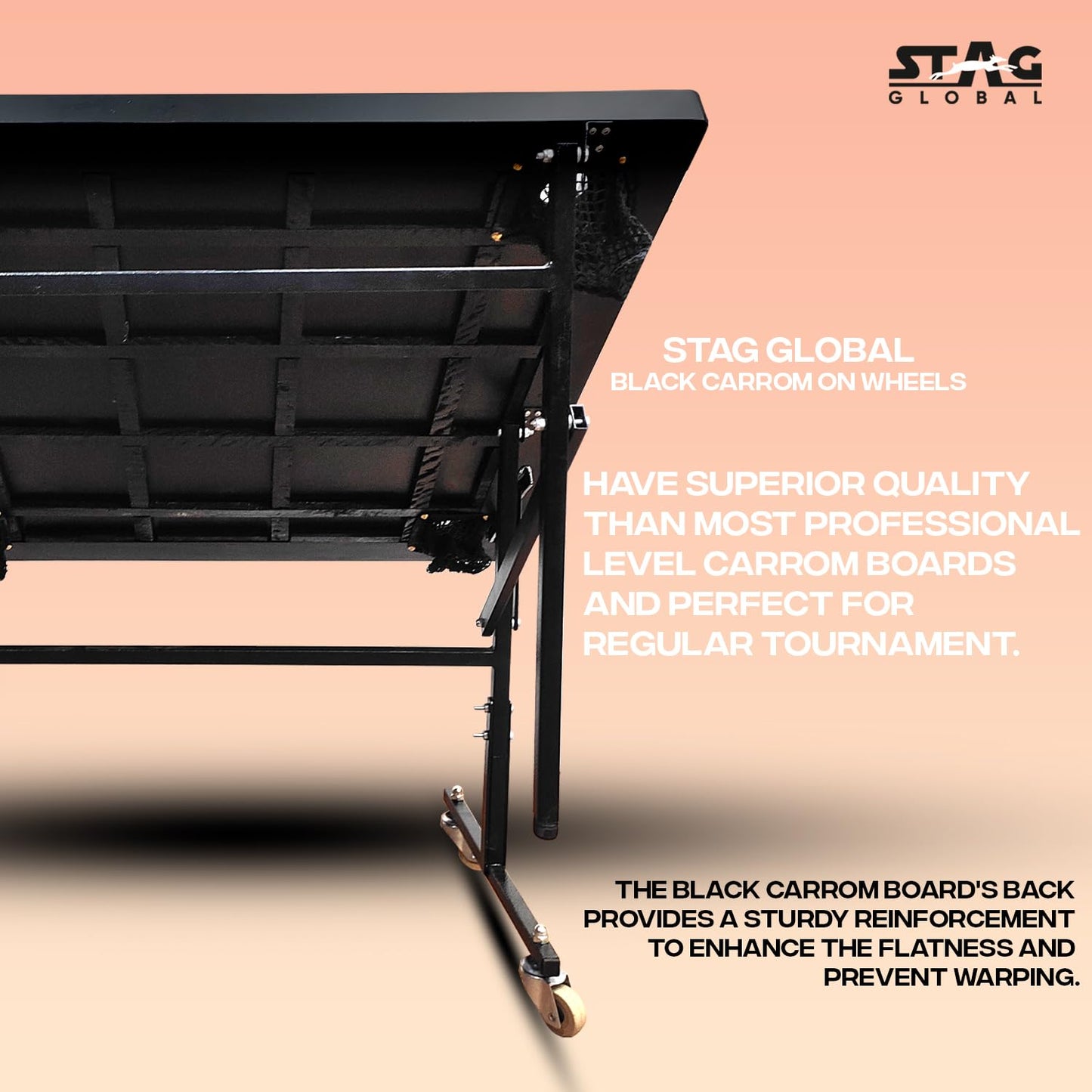 Stag Global Professional Black Carrom Board on Wheels |with 9 Neon Orange & 9 Neon Green Carrom Coins, and a Striker