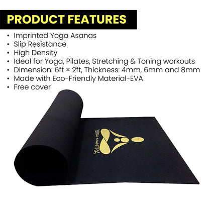 Stag Yoga Mantra Asana Black Mat With Strap, 4MM Thickness