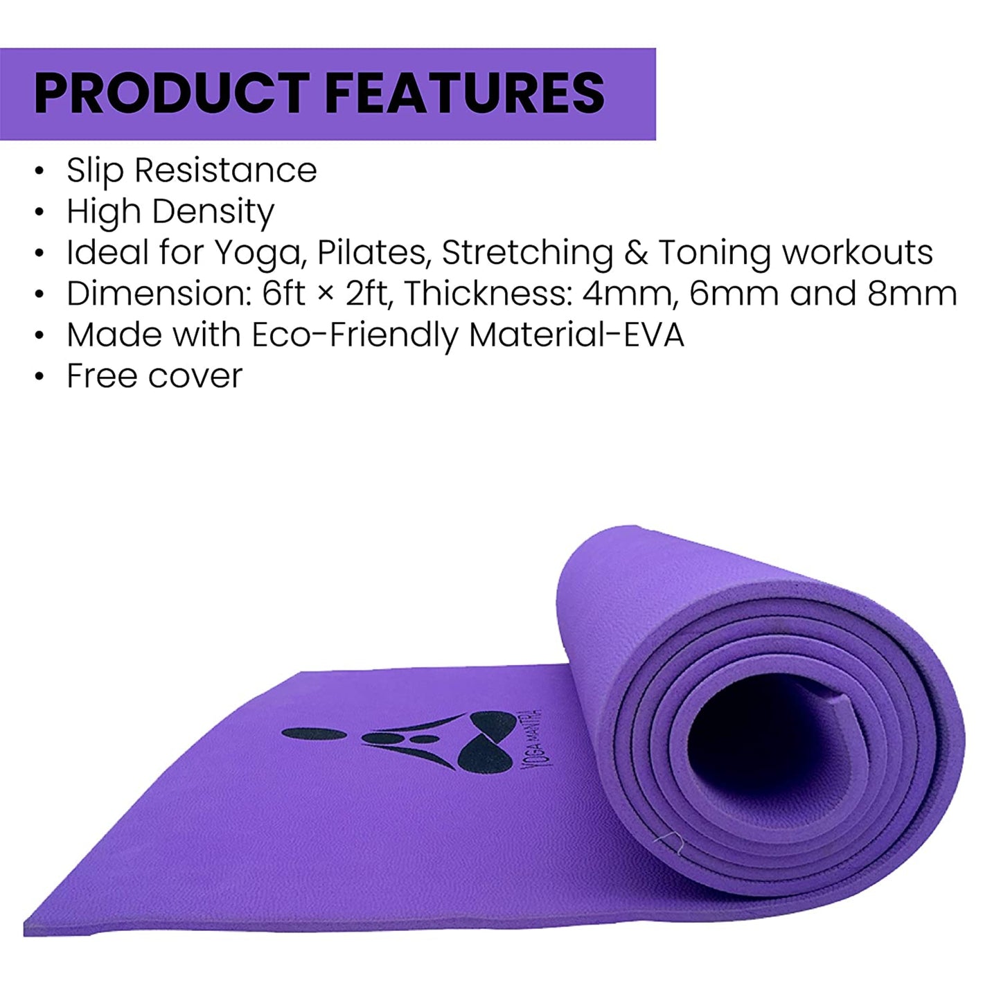 Stag Yoga Mantra Plain Purple Mat With Bag, 4MM Thickness